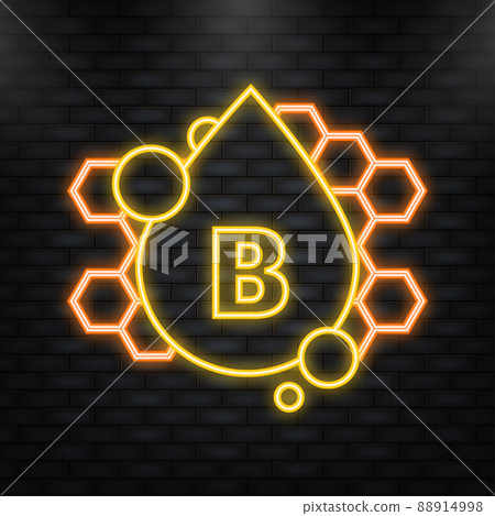 Neon Icon. Vitamin B shining pill capcule icon. Shining golden substance drop. Meds ads. Beauty treatment nutrition skin care design. Vector illustration Neon Icon. Vitamin B shining pill capcule icon. Shining golden substance drop. Meds ads. Beauty treatment nutrition skin care design. Vector illustration 88914998