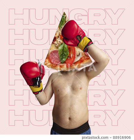 Contemporary art collage. Shirtless fat man with giant pizza head, wearing boxing gloves isolated over pink background. Weight loss concept Contemporary art collage. Shirtless fat man with giant pizza head, wearing boxing gloves isolated over pink background. Weight loss concept 88916906