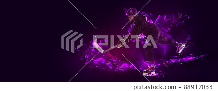 Young man, professional hockey player in protective uniform training isolated on dark background polygonal, fluid neon elements. Concept of sport 88917033