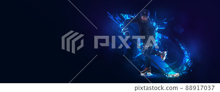 Young man, professional hockey player in protective uniform training isolated on dark background polygonal, fluid neon elements. Concept of sport 88917037
