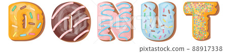 Donut text in sweet food style with glazing and sprinkles. Decorative heading Donut text in sweet food style with glazing and sprinkles. Decorative heading 88917338