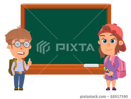 Kids standing beside blackboard. Cartoon characters in school classroom Kids standing beside blackboard. Cartoon characters in school classroom 88917390