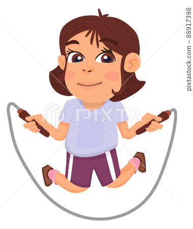 Girl jumping on skipping rope. Cartoon kid exercise Girl jumping on skipping rope. Cartoon kid exercise 88917398
