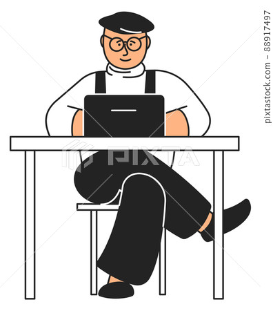 Man sitting at desk and working on laptop. Freelancer character Man sitting at desk and working on laptop. Freelancer character 88917497