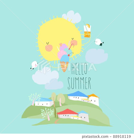Cute Cartoon Sun eating Ice cream. Hello Summer Cute Cartoon Sun eating Ice cream. Hello Summer 88918119