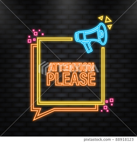 Neon Icon. Megaphone banner with attention please sign. Vector illustration. Neon Icon. Megaphone banner with attention please sign. Vector illustration. 88918123