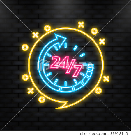 Neon Icon. 24 7 open on businnes banner on doors. Vector illustration 88918143
