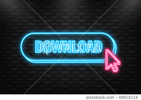 Neon Icon. Blue download stamp isolated on white background. Download file. Neon Icon. Blue download stamp isolated on white background. Download file. 88918218