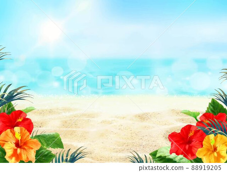 Summer fashionable frame background material with palms and hibiscus blooming along the beach under the blue sky where the sun shines 88919205
