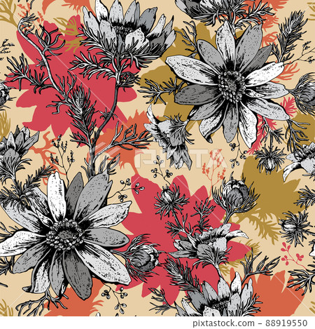 Trendy Elegant Floral vector seamless pattern blooming hand drawn black and white flowers. Botanical Motifs. Printing with in hand drawn style. Template for fashion prints. Trendy Elegant Floral vector seamless pattern blooming hand drawn black and white flowers. Botanical Motifs. Printing with in hand drawn style. Template for fashion prints. 88919550