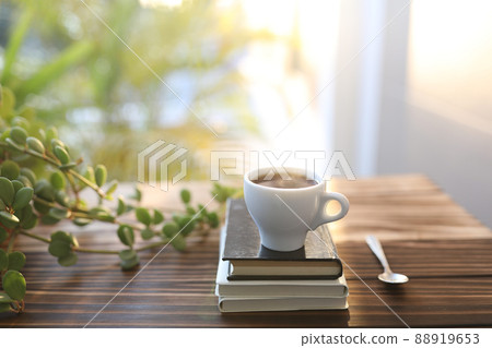 Small cup of coffee and notebooks and Peperomia Hope plant 88919653