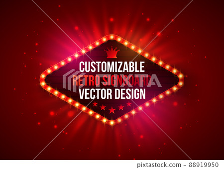 Vector Retro Billboard or Lightbox Illustration with Customizable Design on Shiny Red Background. Light Bulb Frame or Vintage Bright Signboard for Show, Night Events, Cinema or Theatre Advertising Vector Retro Billboard or Lightbox Illustration with Customizable Design on Shiny Red Background. Light Bulb Frame or Vintage Bright Signboard for Show, Night Events, Cinema or Theatre Advertising 88919950