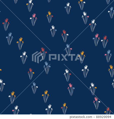 Seamless floral pattern based on traditional folk art ornaments. Colorful flowers on color background. Scandinavian style. Sweden nordic style. Vector illustration. Simple minimalistic pattern 88920094
