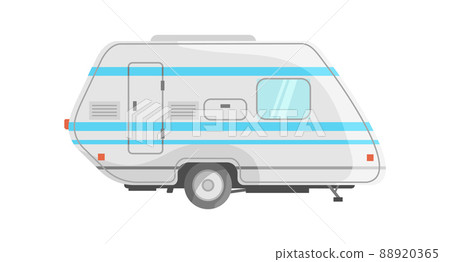 White trailer with blue stripes. Retro tourist auto for road, icon flat vector illustration White trailer with blue stripes. Retro tourist auto for road, icon flat vector illustration 88920365