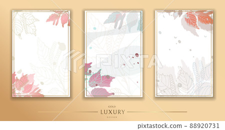 Backgrounds set. Luxurious golden wallpaper. White background and beige watercolor, beautiful golden birch leaves with a shiny light texture. Wall mural of contemporary art. Vector illustration. Backgrounds set. Luxurious golden wallpaper. White background and beige watercolor, beautiful golden birch leaves with a shiny light texture. Wall mural of contemporary art. Vector illustration. 88920731