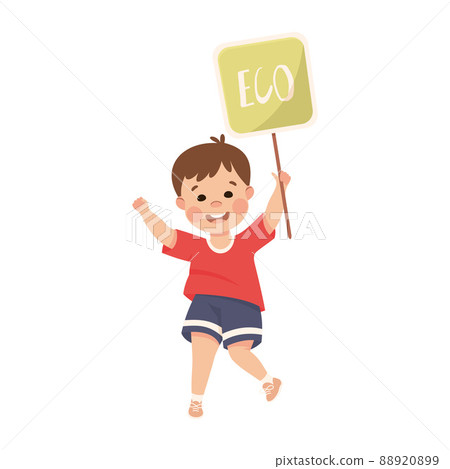 Cute Little Boy Holding Banner with Eco Inscription Caring About Earth Planet Saving World Vector Illustration Cute Little Boy Holding Banner with Eco Inscription Caring About Earth Planet Saving World Vector Illustration 88920899
