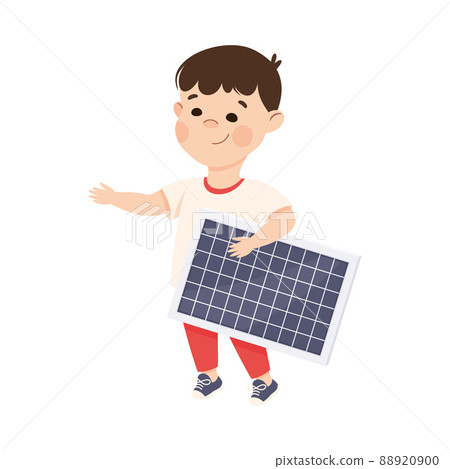Cute Little Boy with Solar Panel Caring About Earth Planet Saving World Vector Illustration 88920900