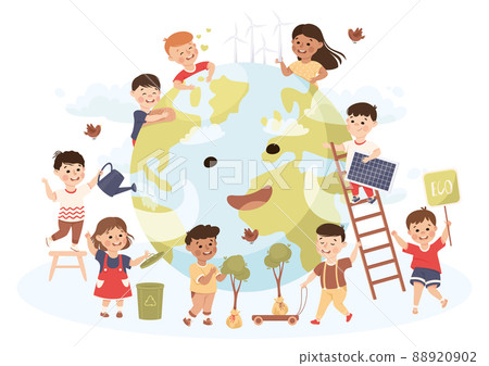 Cute Kids Caring About Earth Planet Saving World Vector Illustration 88920902