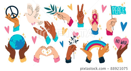 Hands hold peace symbols. Human arms with freedom, love, ecological elements and objects, planet Earth, rainbow, flying dove, stop war sign, charity and donation vector cartoon flat set 88921075