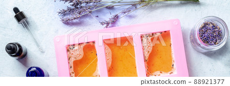 Soap making panorama. Liquid glycerin with natural additives 88921377