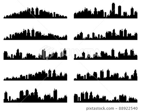 Set of urban landscapes. Black outline of the city with skyscrapers isolated on a white background. City skyline design for posters, banners and marketing advertisements. Vector illustration 88922540