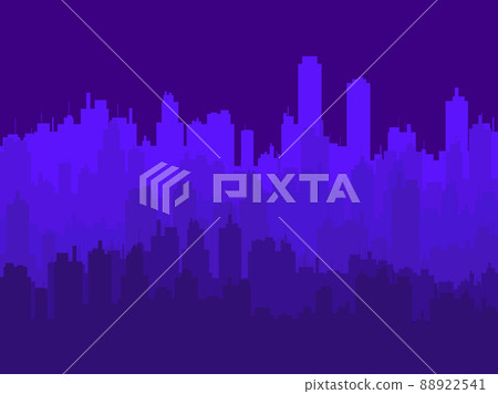 Night cityscape with skyscrapers. Panorama of the big city in purple tones. Contours of construction. City skyline for print, posters and promotional materials. Vector illustration 88922541