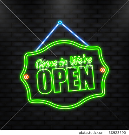 Neon Icon. Open door sign. Door sign. Label with text in flat style 88922890