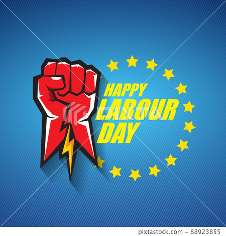 1 may Happy labour day vector label with strong protest fist in the air on blue background. vector happy labor day background or banner with man hand. workers may day poster 1 may Happy labour day vector label with strong protest fist in the air on blue background. vector happy labor day background or banner with man hand. workers may day poster 88923855
