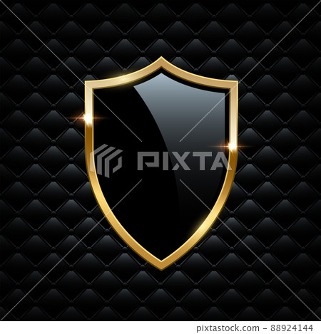Black shield with golden frame isolated on VIP background. Vector luxury design element. 88924144