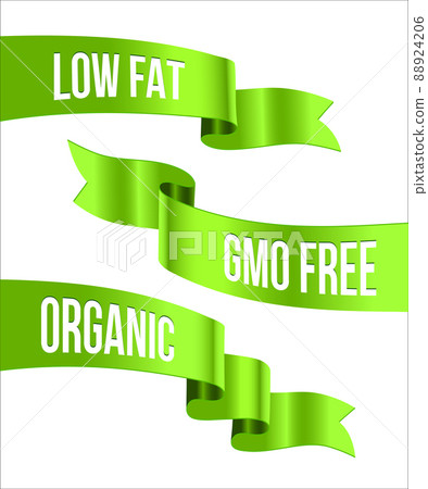 Green ribbons with Low Fat, GMO Free and Organic words. Vector Natural product green ribbons or banners isolated on white background. Green ribbons with Low Fat, GMO Free and Organic words. Vector Natural product green ribbons or banners isolated on white background. 88924206