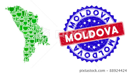 Bicolor Moldova Grunge Seal Stamp with Wine Composition of Moldova Map Bicolor Moldova Grunge Seal Stamp with Wine Composition of Moldova Map 88924424