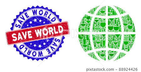 Bicolor Save World Grunge Stamp and Winery Composition of Planet Globe 88924426