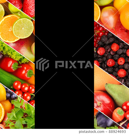 Different useful fruits and vegetables isolated on black . Free space for text. 88924693