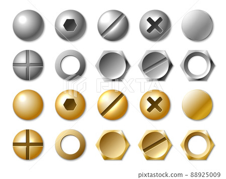 Realistic nails caps. Steel and golden fastener elements. Self-tapping screws and bolts heads. Different types slots. Straight and cruciform. Repair or build tools. Vector fastenings set Realistic nails caps. Steel and golden fastener elements. Self-tapping screws and bolts heads. Different types slots. Straight and cruciform. Repair or build tools. Vector fastenings set 88925009