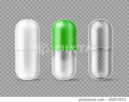 Realistic medical capsules. 3D individual medicine dose packaging mockup. White, color and empty transparent pills. Drug unit. Antibiotic or painkiller. Vector treatment tablets set 88925010