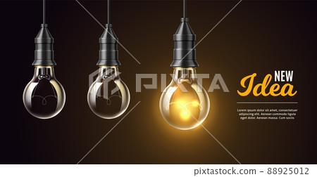 Realistic light bulbs idea poster. Glow lamp. Creative and inspiration energy. Electricity objects. Business insight. Lightbulb classical shape. Hanging on wire lantern. Vector concept Realistic light bulbs idea poster. Glow lamp. Creative and inspiration energy. Electricity objects. Business insight. Lightbulb classical shape. Hanging on wire lantern. Vector concept 88925012