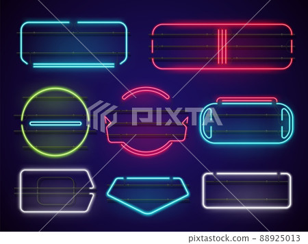 Realistic blank neon frames. Glowing borders on dark background. Fastening structures. Geometric shapes. Round and square signboards. Advertising signs. Vector luminous elements set 88925013