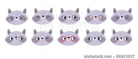 Funny raccoon emoji stickers. Cartoon forest character. Little forest animal faces. Different emotions. Positive and negative mood. Happy or sad snouts. Vector muzzle emoticons set Funny raccoon emoji stickers. Cartoon forest character. Little forest animal faces. Different emotions. Positive and negative mood. Happy or sad snouts. Vector muzzle emoticons set 88925037