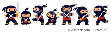 Cartoon ninja character. Japanese warrior mascot. Different poses and actions. Man in black clothes fight with katana. Samurai sword. Shuriken and nunchaku. Vector Asian fighters set 88925049
