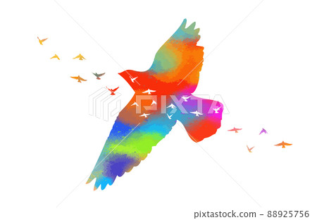 Multi-colored birds. A flock of flying rainbow birds. Vector illustration Multi-colored birds. A flock of flying rainbow birds. Vector illustration 88925756