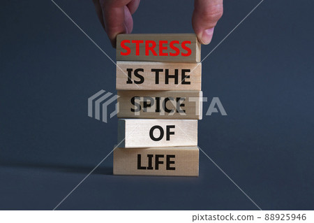 Stress spice of life symbol. Concept words Stress is the spice of life on wooden blocks. Businessman hand. Beautiful grey background. Business motivational stress spice of life concept. Copy space. 88925946