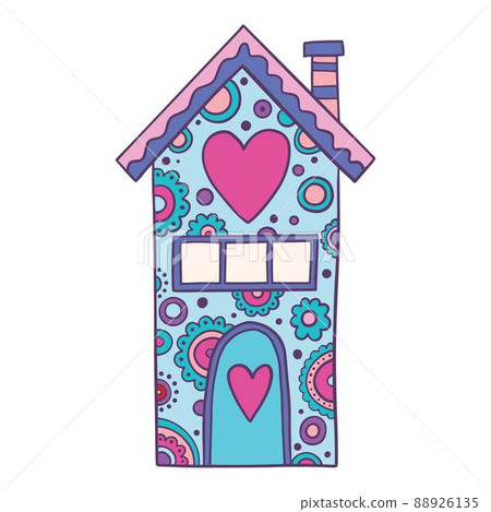 Hand drawn doddle house isolated on white background. Bundle of love, romance and passion symbol for Valentines day. Romantic design element. Colored illustration Hand drawn doddle house isolated on white background. Bundle of love, romance and passion symbol for Valentines day. Romantic design element. Colored illustration 88926135