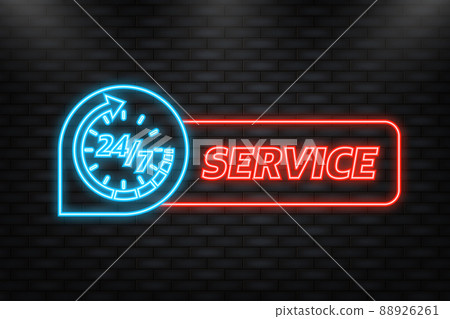 Neon Icon. 24 hours support in abstract style on white background. Customer service. Online support call center. Flat vector. Logo vector Neon Icon. 24 hours support in abstract style on white background. Customer service. Online support call center. Flat vector. Logo vector 88926261