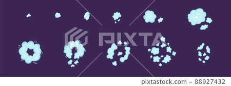 Top view sky blue sprite explosion set. Vector stock illustration isolated on black chalkboard background for animation comic move graphic design. EPS10 Top view sky blue sprite explosion set. Vector stock illustration isolated on black chalkboard background for animation comic move graphic design. EPS10 88927432