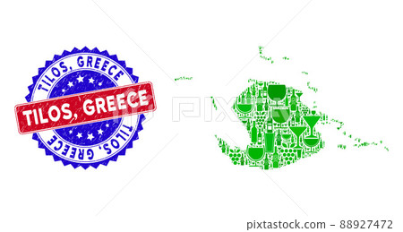 Bicolor Tilos, Greece Distress Seal Stamp and Wine Collage of Juventud Island Map 88927472