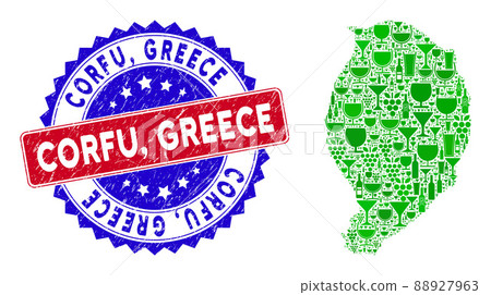 Bicolor Corfu, Greece Grunge Stamp and Winery Collage of Corvo Island Map Bicolor Corfu, Greece Grunge Stamp and Winery Collage of Corvo Island Map 88927963