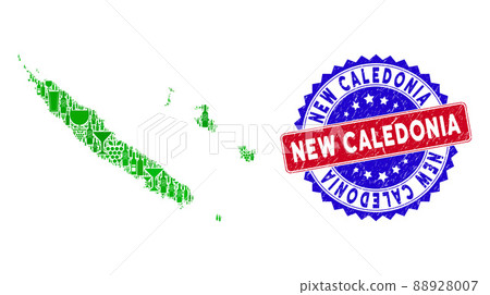 Bicolor New Caledonia Distress Stamp with Winery Collage of New Caledonia Islands Map 88928007