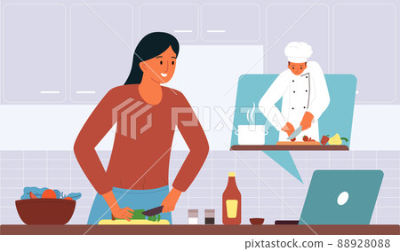 People Cooking Online Flat Composition People Cooking Online Flat Composition 88928088