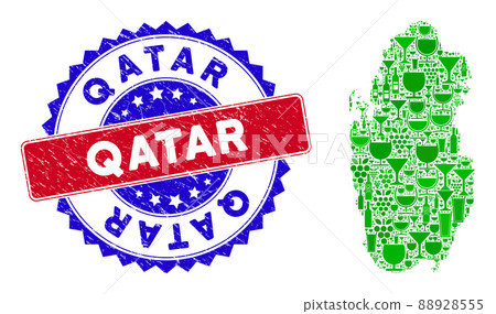 Bicolor Qatar Scratched Seal Stamp with Collage of Qatar Map 88928555