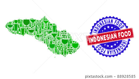 Bicolor Indonesian Food Grunge Stamp with Winery Collage of Sumba Island Map Bicolor Indonesian Food Grunge Stamp with Winery Collage of Sumba Island Map 88928585